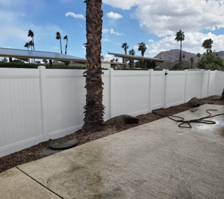 A white fence in the foreground with palm trees swaying in the background under a clear blue sky.