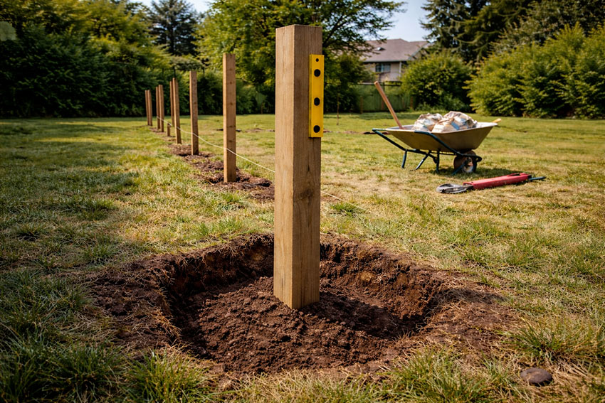 Fence post installation with concrete footing during residential fence installation.